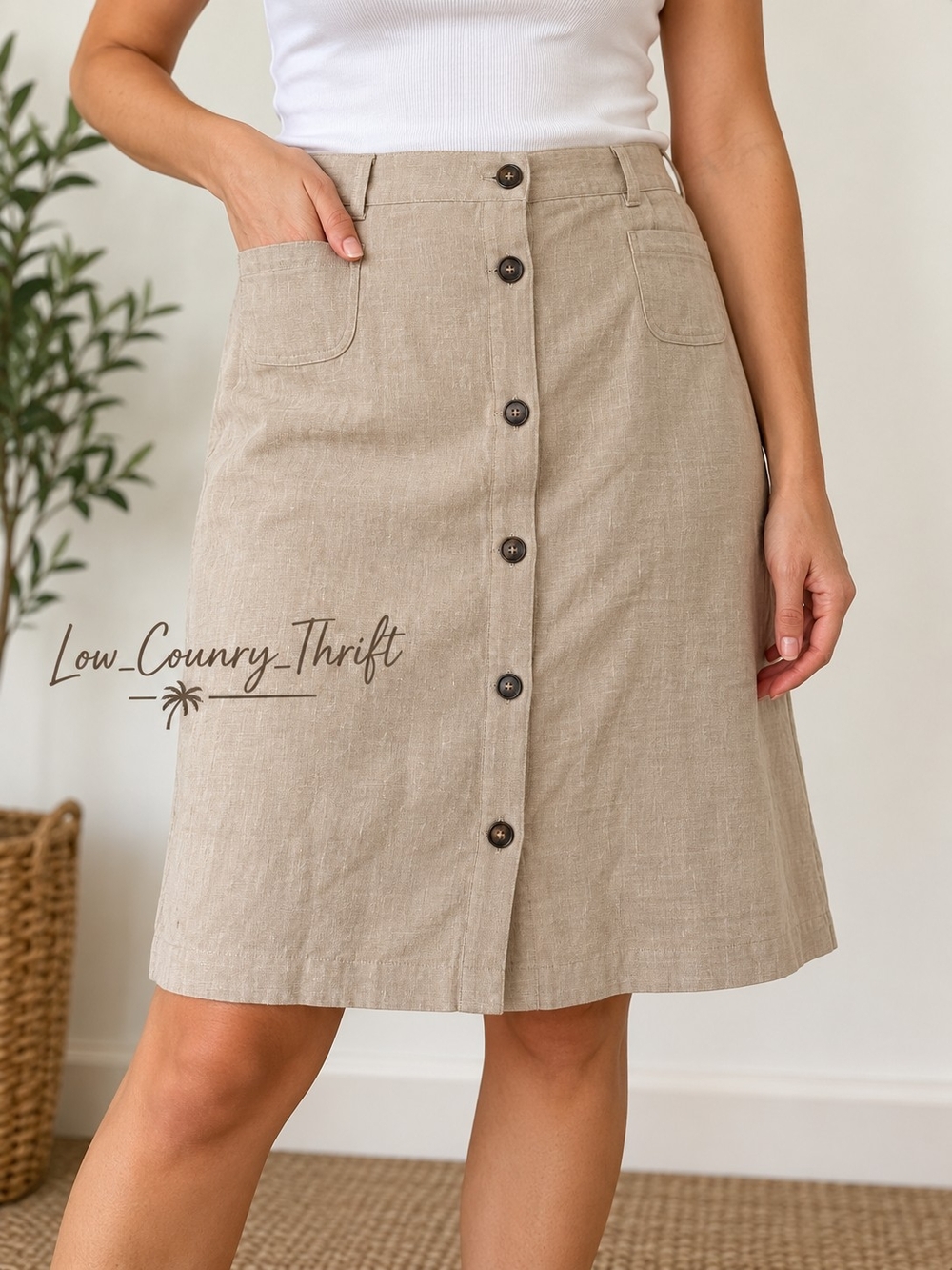 Vintage Harve Benard Size 14 100% Linen Beige Button Front Skirt
